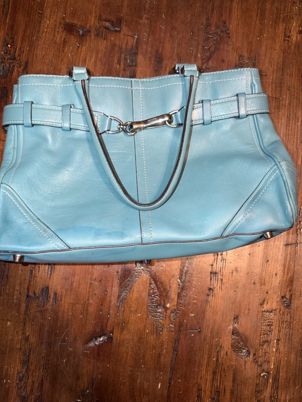 Women’s Light Blue Leather Tote Bag with Horsebit Accent
